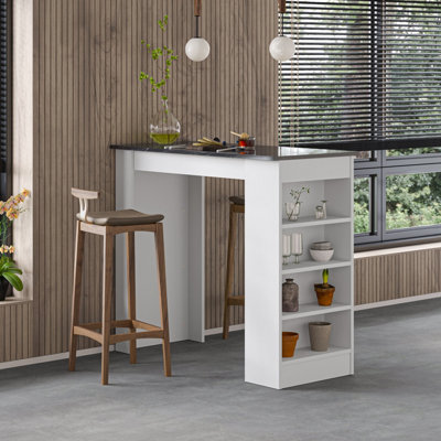 Decortie Swallow Modern Kitchen Bar Dining Table Black Marble Effect White with 4-Tier Storage Shelves H 102cm