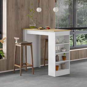 Decortie Swallow Modern Kitchen Bar Dining Table Oak White with 4-Tier Storage Shelves H 102cm
