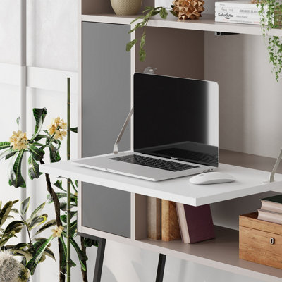 Decortie Tatti Modern Desk Mocha Grey White Anthracite Grey Multipurpose Laptop Modern Desk With Bookcase Width 83.5cm
