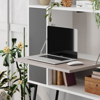 Decortie Tatti Modern Desk White Mocha Grey Anthracite Grey Multipurpose Laptop Modern Desk With Bookcase Width 83.5cm