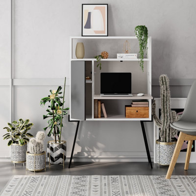Decortie Tatti Modern Desk White Mocha Grey Anthracite Grey Multipurpose Laptop Modern Desk With Bookcase Width 83.5cm