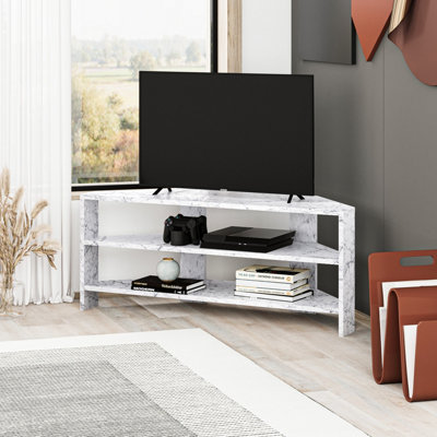 Decortie Thales Corner Modern TV Unit Multimedia Centre White Marble Effect 110cm