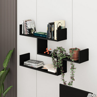 Decortie Tibet Wall Shelves - Floating 3 Tier Wall Mounted Display Unit Black