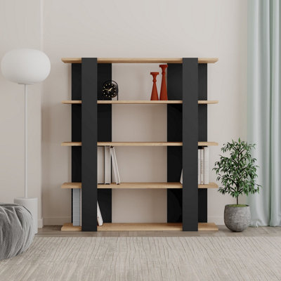 Decortie Tita Modern Bookcase Display Unit Silky Black, Natural Oak Effect Medium 122cm