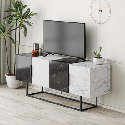 Decortie Tontini Modern TV Stand Multimedia Centre TV Unit Black Marble Effect White Marble Effect With Storage Cabinet 140cm