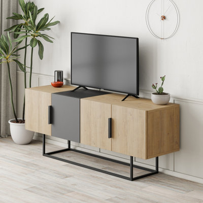 Decortie Tontini Modern TV Stand Multimedia Centre TV Unit Oak Anthracite Grey With Storage Cabinet 140cm