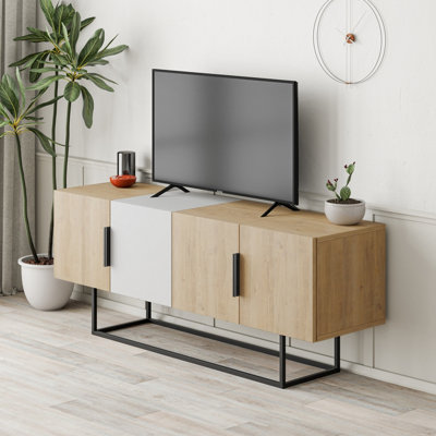 Decortie Tontini Modern TV Stand Multimedia Centre TV Unit Oak White With Storage Cabinet 140cm