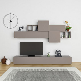 Decortie Tromen Modern Tv Unit Mocha Grey With Wall Storage Unit 260cm