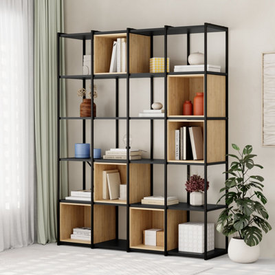 Decortie Vale Maxi Bookcase Black, Oak Versatile Display Unit 5-Tier Metal Frame 6 Adjustable Shelf 12mm Engineered Wood