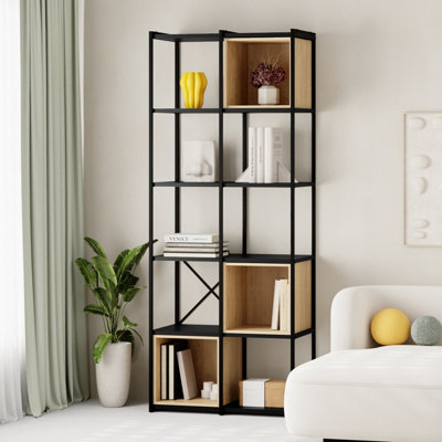 Decortie Vale Midi Bookcase Black, Oak Versatile Display Unit 5-Tier Metal Frame 3 Adjustable Shelf 12mm Engineered Wood