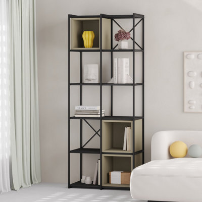 Decortie Vale Midi Bookcase Black Wood, Ash Green Display Unit 5-Tier Metal Frame 3 Adjustable Shelf 18mm Engineered Wood