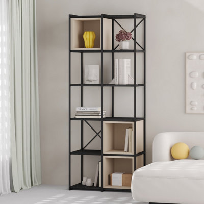 Decortie Vale Midi Bookcase Black Wood, Sandstone Display Unit 5-Tier Metal Frame 3 Adjustable Shelf 18mm Engineered Wood