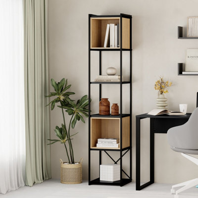 Decortie Vale Mini Bookcase Black, Oak Versatile Display Unit 5-Tier Metal Frame 2 Adjustable Shelf 12mm Engineered Wood