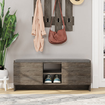 Decortie Zulla Modern Bank Shoe Bench with Fabric Seat 2-doors Shoe Cabinet up to 8-Shoes 110(W)cm for Entryway Dark Coffee