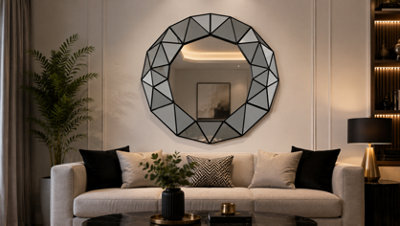 DEENZ Art Deco Style Wall Mount 3D Prism Effect Mirror Black Round Plastic Geometric Trim Framed Multi-Faceted Design Home 60x59Cm
