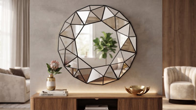 DEENZ Art Deco Style Wall Mount 3D Prism Effect Mirror Black Round Plastic Geometric Trim Framed Multi-Faceted Design Home 60x59Cm