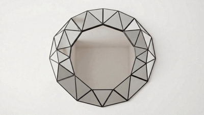 DEENZ Art Deco Style Wall Mount 3D Prism Effect Mirror Black Round Plastic Geometric Trim Framed Multi-Faceted Design Home 60x59Cm
