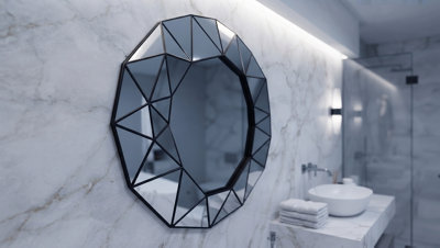 DEENZ Art Deco Style Wall Mount 3D Prism Effect Mirror Black Round Plastic Geometric Trim Framed Multi-Faceted Design Home 60x59Cm