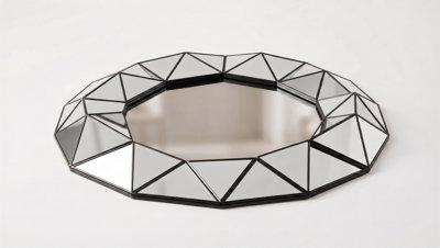 DEENZ Art Deco Style Wall Mount 3D Prism Effect Mirror Black Round Plastic Geometric Trim Framed Multi-Faceted Design Home 60x59Cm