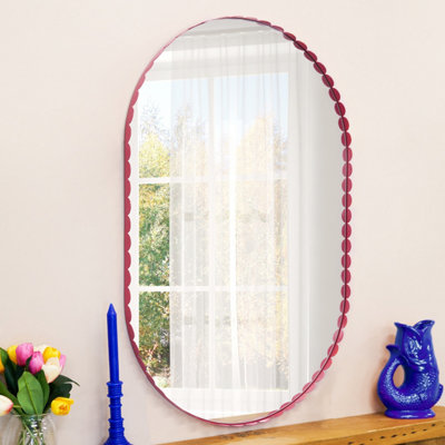 DEENZ Chic Scalloped Border Style Oval Mirror Wall Hanging Vibrant Red Coloured Sleek Metal Framed Clear Large Surface 100x65x3 Cm