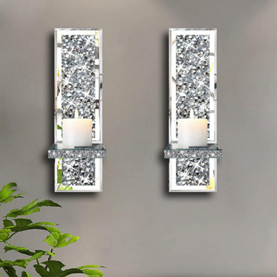 Deenz Crystal Set of 2 Wall chandelier Silver Mirrored Candle Holders with Crushed Diamond Design 38x11x10 cm. (Rectangle)