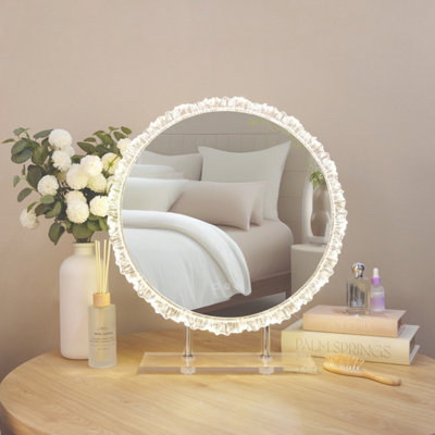 DEENZ LED Desktop Vanity Makeup Mirror Round Floral Pattern Border 3 Adjustable Colours Clear White Light Brightness 57x50x12.5 Cm