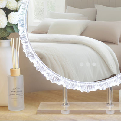 DEENZ LED Desktop Vanity Makeup Mirror Round Floral Pattern Border 3 Adjustable Colours Clear White Light Brightness 57x50x12.5 Cm