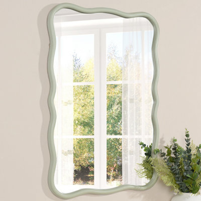 DEENZ Rectangular Stylish Muted Green Hue Finished Wall Mounted Mirror Wavy Design Wooden Framed Home Décor Modern Edge 91x61 Cm