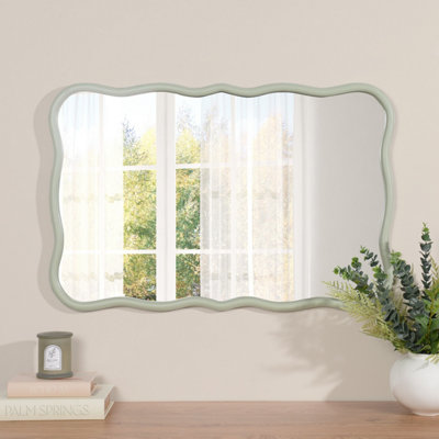 DEENZ Rectangular Stylish Muted Green Hue Finished Wall Mounted Mirror Wavy Design Wooden Framed Home Décor Modern Edge 91x61 Cm