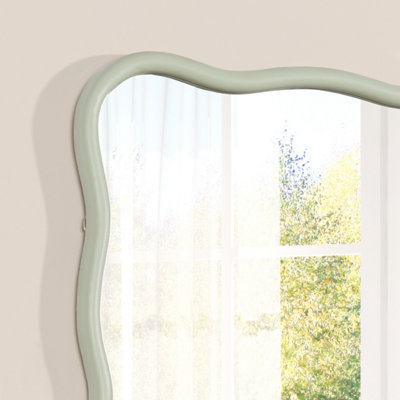 DEENZ Rectangular Stylish Muted Green Hue Finished Wall Mounted Mirror Wavy Design Wooden Framed Home Décor Modern Edge 91x61 Cm