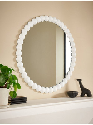 DEENZ Round Bobbin Edges Wall Mounted Ornamental Mirror Glass & Plastic Spherical Beaded Frame Pattern White Home Decor 65 X 2 Cm