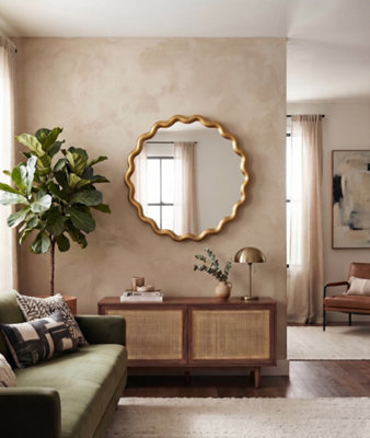 DEENZ Striking Wave Edges Design Round Wall-Mounted Playful Ideal Mirror Gold Hues Glass And PP Framed 49.5x49.5x2.5Cm