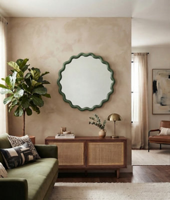 DEENZ Striking Wave Edges Design Round Wall-Mounted Playful Ideal Mirror Green Hues Glass And PP Framed 50 X 2.5 Cm