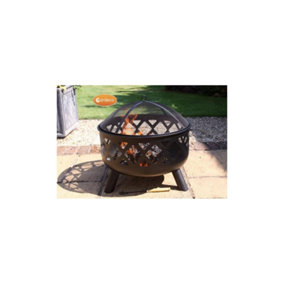 Deep-drawn fire bowl with criss cross cut-out view of fire