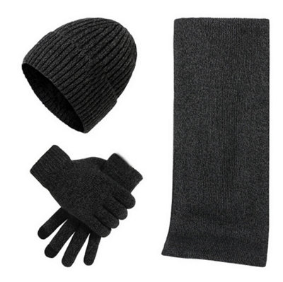 Deep Grey Autumn & Winter Warm Knitted Woolen Hat Scarf Gloves Set