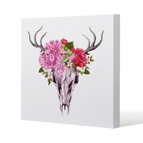 Deer animal skull with flowers and feathers (Canvas Print) / 114 x 114 x 4cm