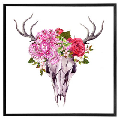 Deer animal skull with flowers and feathers (Picutre Frame) / 12x12" / Oak