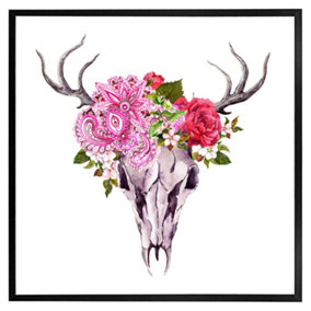 Deer animal skull with flowers and feathers (Picutre Frame) / 30x30" / Black