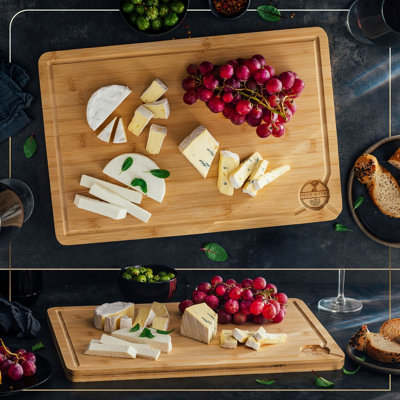 Large Carbonised Bamboo Chopping Board – Pre-Oiled, Grooved, Wooden Cutting/Serving Board, Rectangle Brown