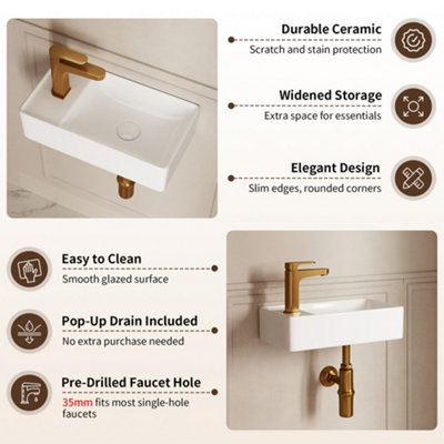 DeerValley Ceramic Wall Hung Basin with Pop-Up Drain 45.5x25x11cm, Slim Thin Edge Design White