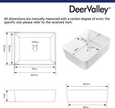 DeerValley Countertop Bathroom Sink,  Modern White Rectangle Wash Basin for Bathroom Cloakroom, 40.5 x 30.5 x 13cm