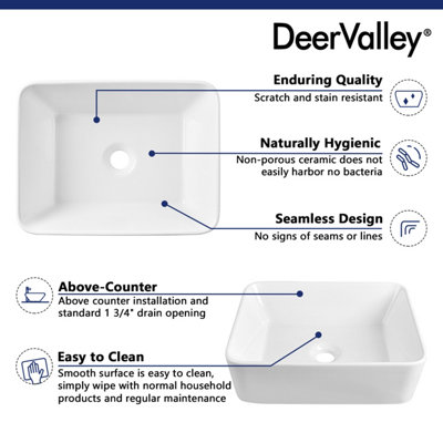 DeerValley Countertop Bathroom Sink,  Modern White Rectangle Wash Basin for Bathroom Cloakroom, 40.5 x 30.5 x 13cm