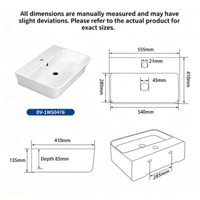 DeerValley Wall Mounted Ceramic Bathroom Sink Basin with Overflow and Drain White 555 x 410mm