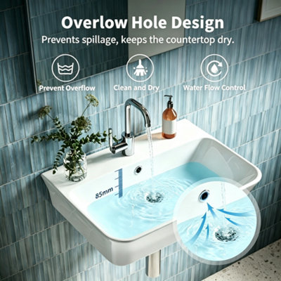 DeerValley Wall Mounted Ceramic Bathroom Sink Basin with Overflow and Drain White 555 x 410mm