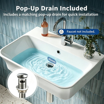 DeerValley Wall Mounted Ceramic Bathroom Sink Basin with Overflow and Drain White 555 x 410mm