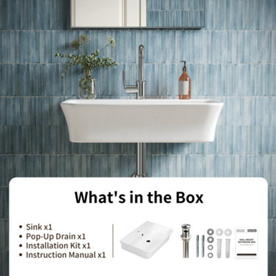 DeerValley Wall Mounted Ceramic Bathroom Sink Basin with Overflow and Drain White 555 x 410mm