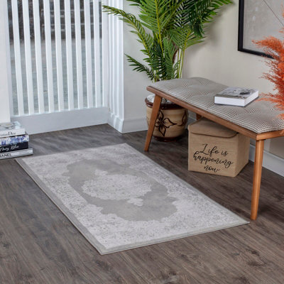 DEFNE Vintage Traditional Oriental Boho White/Grey Area Rug 80 x 150 cm