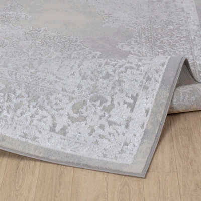 DEFNE Vintage Traditional Oriental Boho White/Grey Area Rug 80 x 150 cm