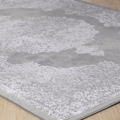 DEFNE Vintage Traditional Oriental Boho White/Grey Area Rug 80 x 150 cm