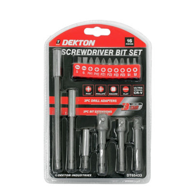 Dekton 16pc Screwdriver Bit Set with Extensions and Drill Adaptors